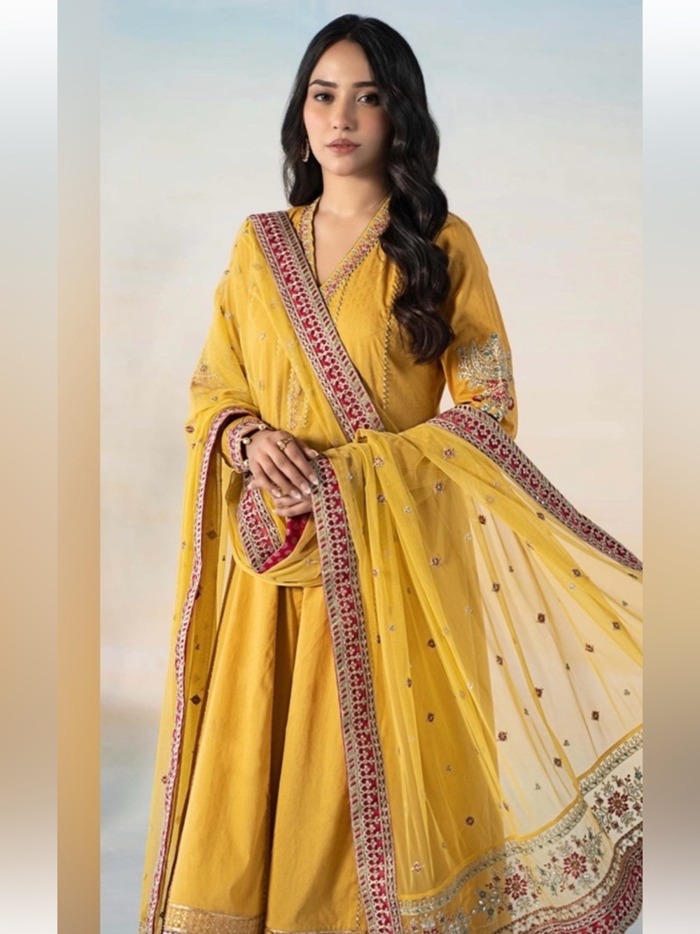 Maria B Yellow Embroidered Long Kurta with Ivory Sharara